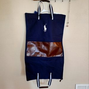 NWT large Polo Ralph Lauren navy and brown leather garment bag with logo